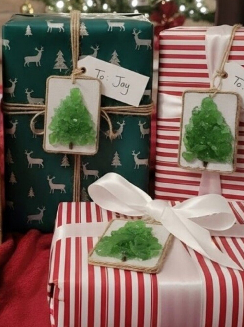 Green Glass Tree on Silver Painted Wood Holiday Hang Tag Set of 3, 3.5" x 2.5"